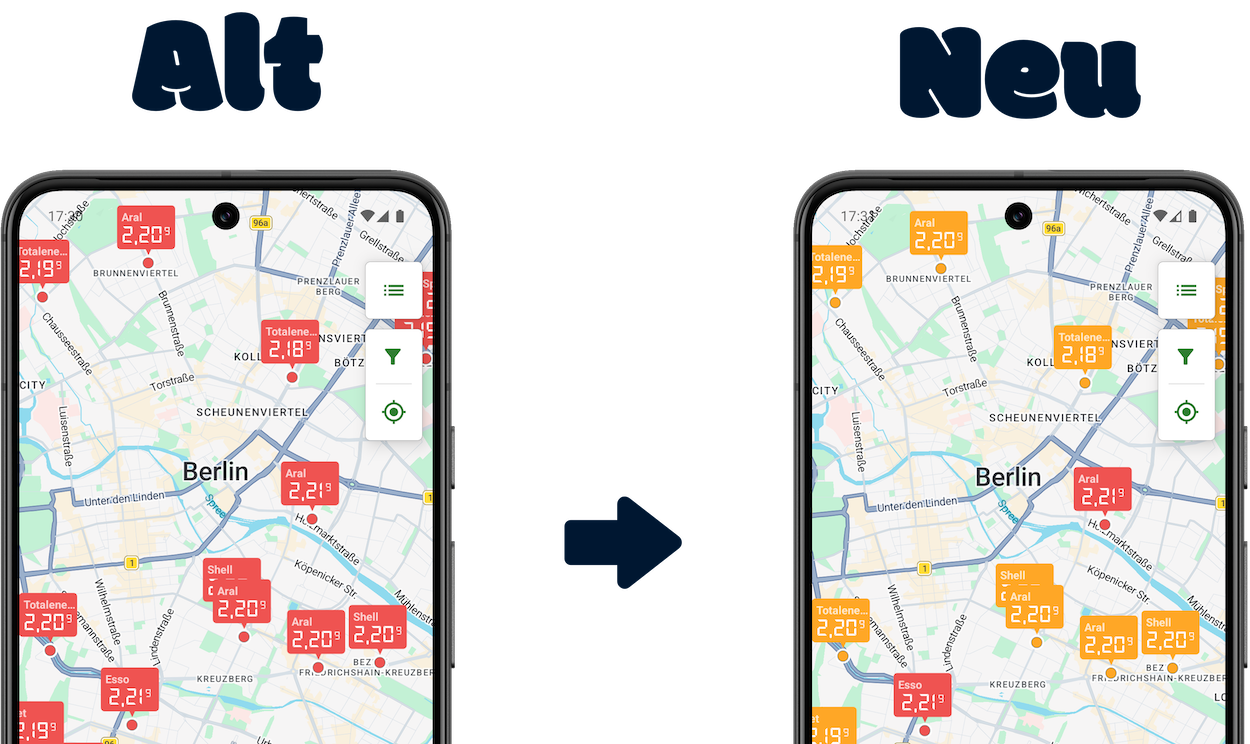 Screenshots comparing the old and new look of the gas station map