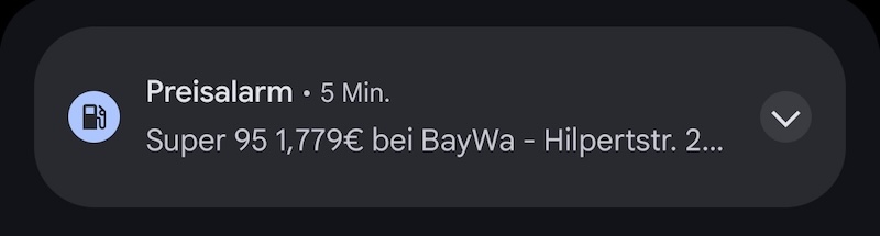 Screenshot of a ‘price alarm’ notification
