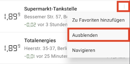 Screenshot zum Ausblenden einer Tankstelle
