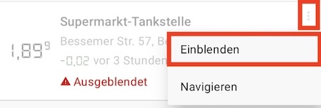 Screenshot zum einblenden einer zuvor ausgeblendeten Tankstelle